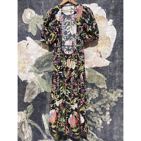 New Anthropologie x Condition Apply Floral Tiered  Maxi Dress Puff Sleeves Sz MP - Picture 4 of 6
